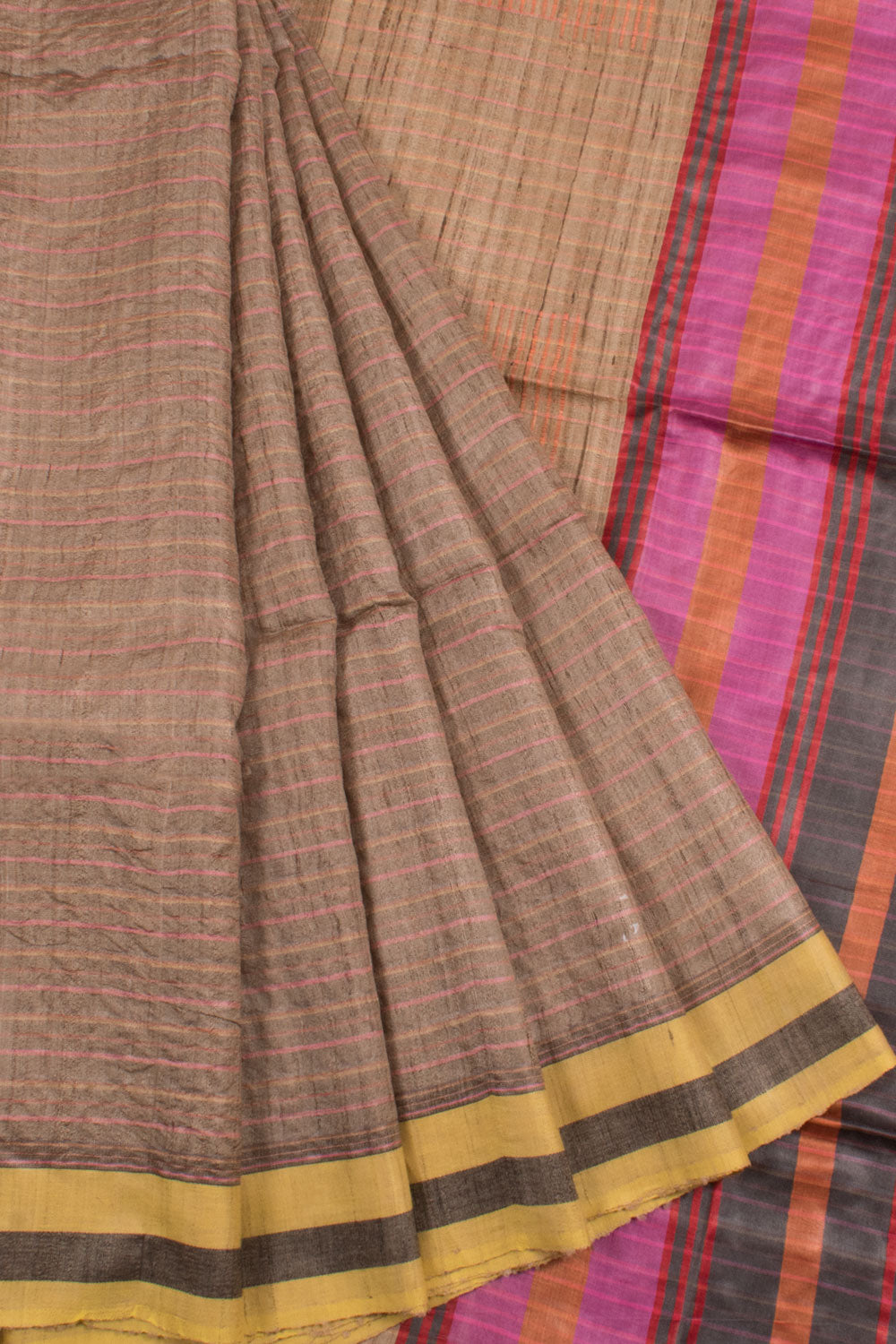 Handcrafted Bhagalpur Tussar Silk Saree with Stripes Design