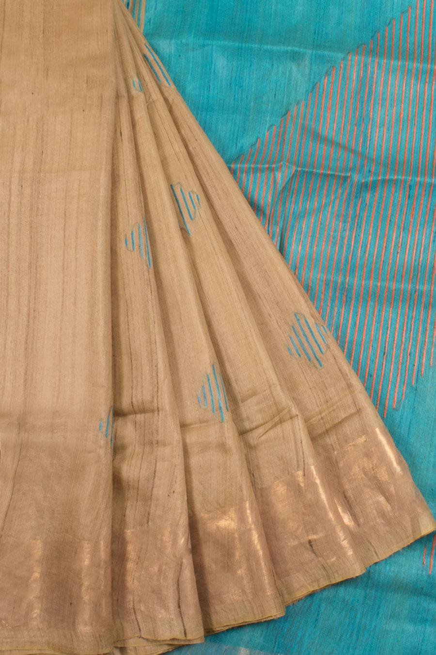 Handcrafted Bhagalpur Tussar Silk Saree with Jamdani Geometric Motifs and Zari Border