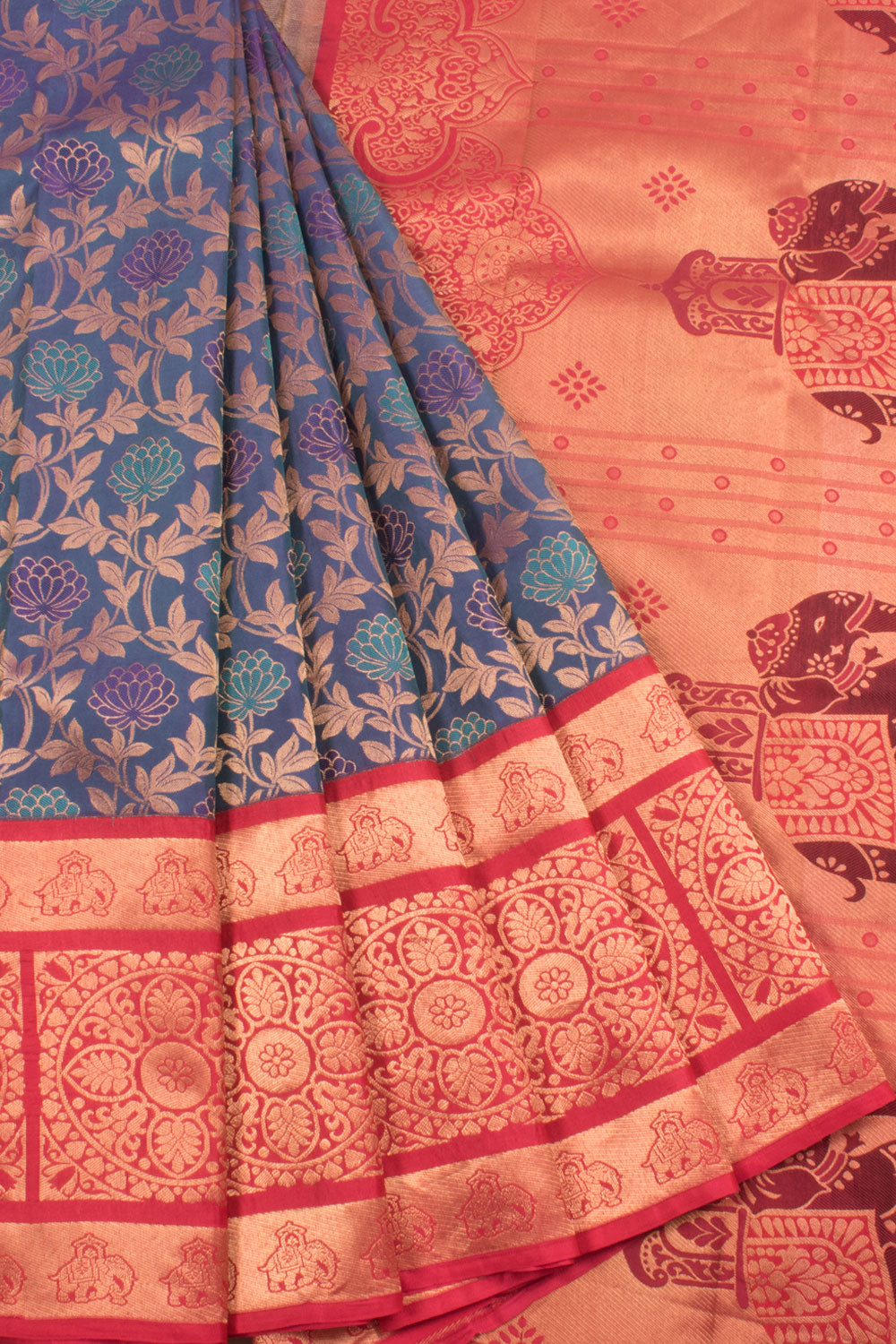 Dharmavaram Jacquard Silk Saree with Floral Brocade Design and Elephant Border and Pallu