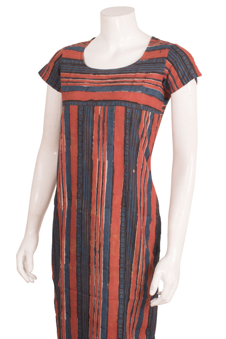 Dabu Printed Knee Length Cotton Dress with Stripes Design 
