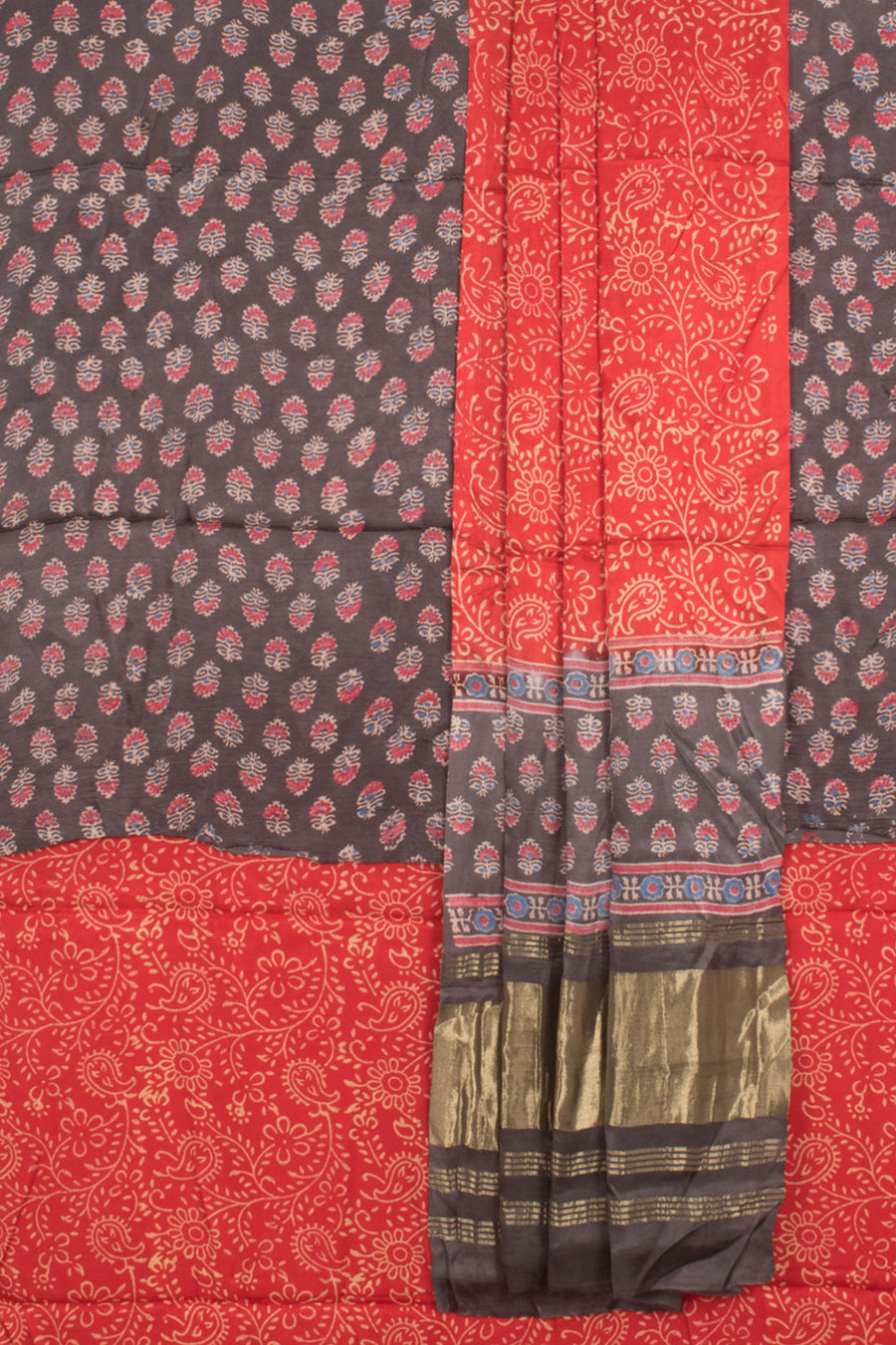 Ajrakh Printed 3-Piece Modal Silk Salwar Suit Material with Floral Design Tissue Pallu Dupatta