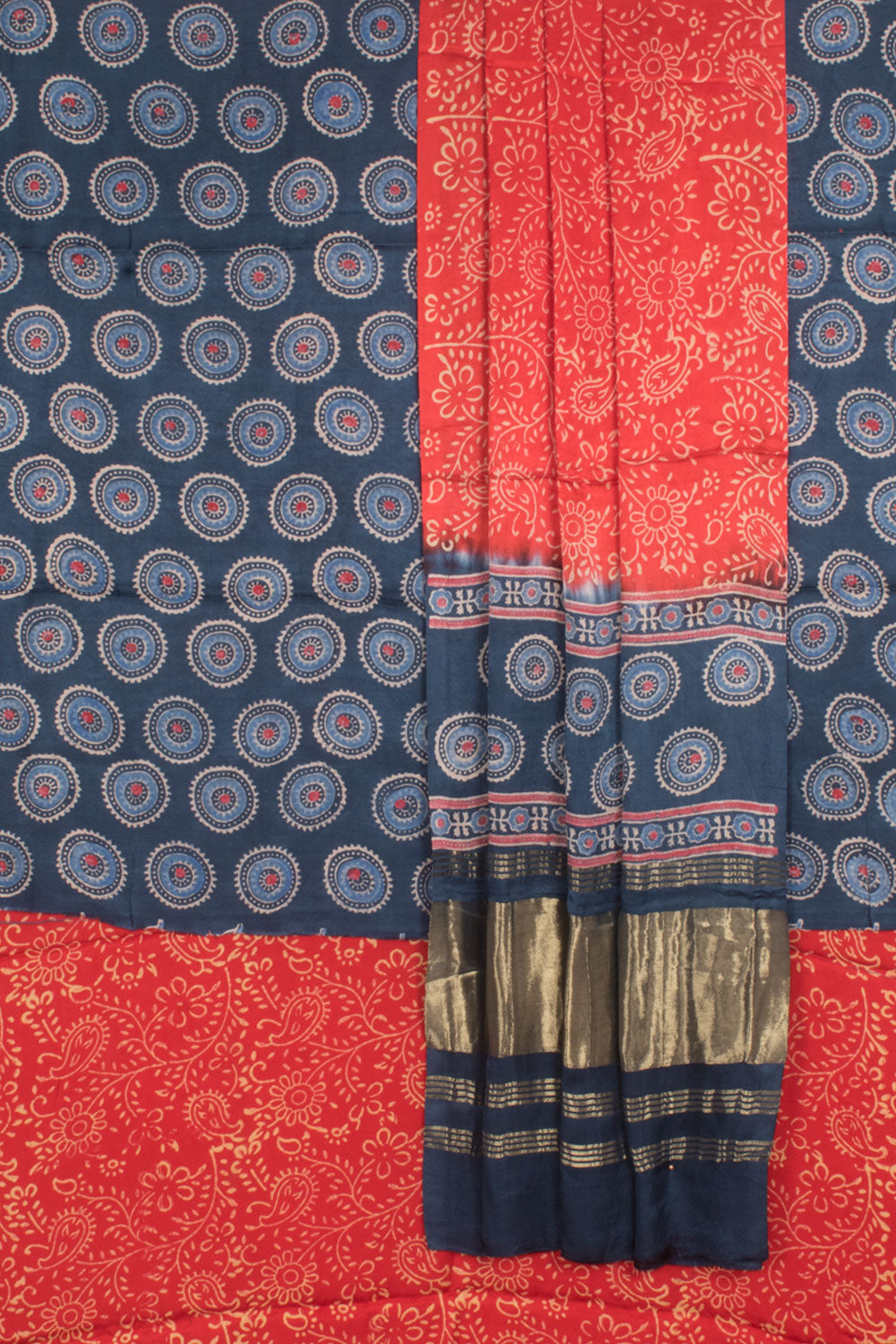 Ajrakh Printed 3-Piece Modal Silk Salwar Suit Material with Geometric, Floral Design Tissue Pallu Dupatta