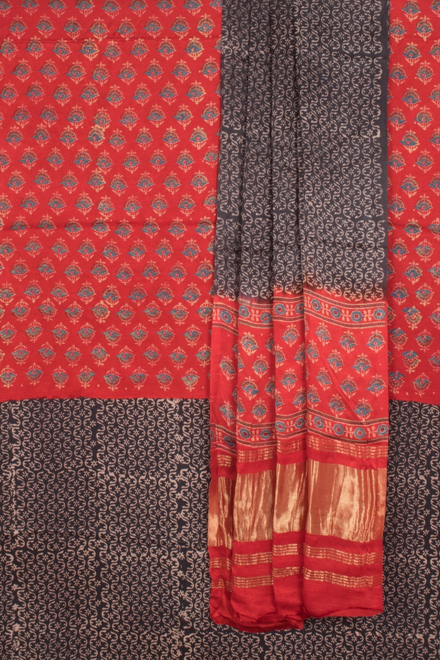 Ajrakh Printed 3-Piece Modal Silk Salwar Suit Material with Floral Design 