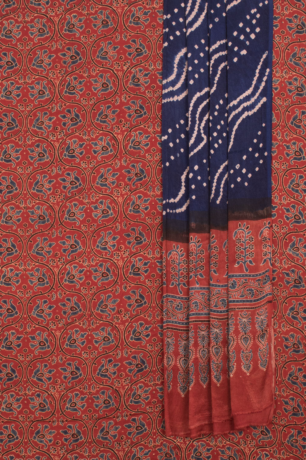 Ajrakh Printed 2-Piece Modal Silk Salwar Suit Material with Bandhani Dupatta