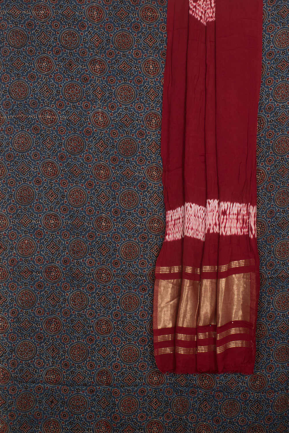 Ajrakh Printed 2-Piece Modal Silk Salwar Suit Material with Shibori Tissue Dupatta