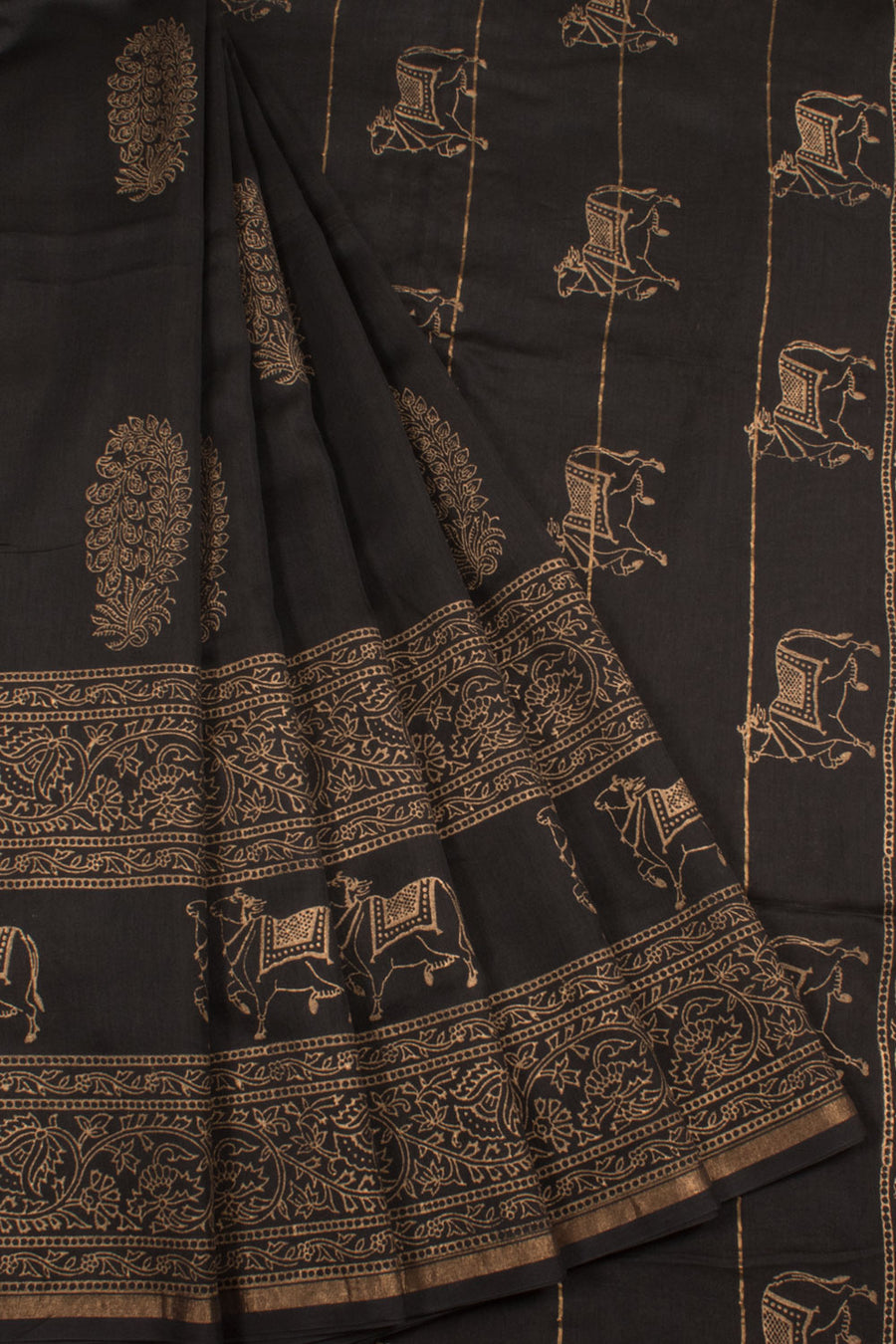 Hand Block Printed Chanderi Silk Cotton Saree with Floral Motifs, Nandi Border and Fancy Tassels 