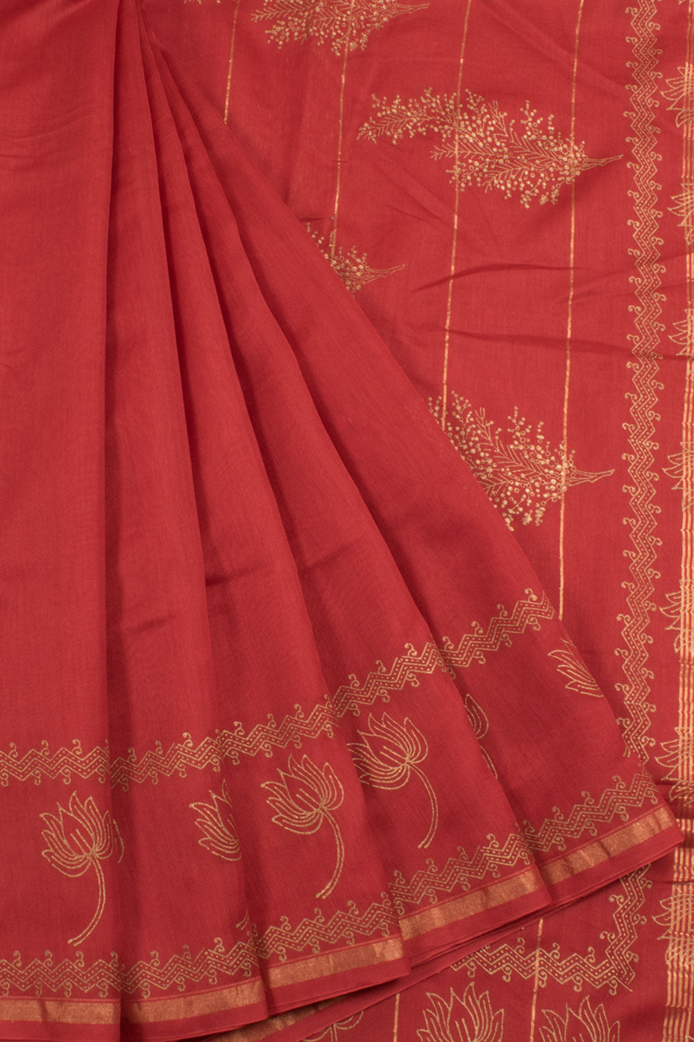 Hand Block Printed Chanderi Silk Cotton Saree with Floral Motifs and Fancy Tassels