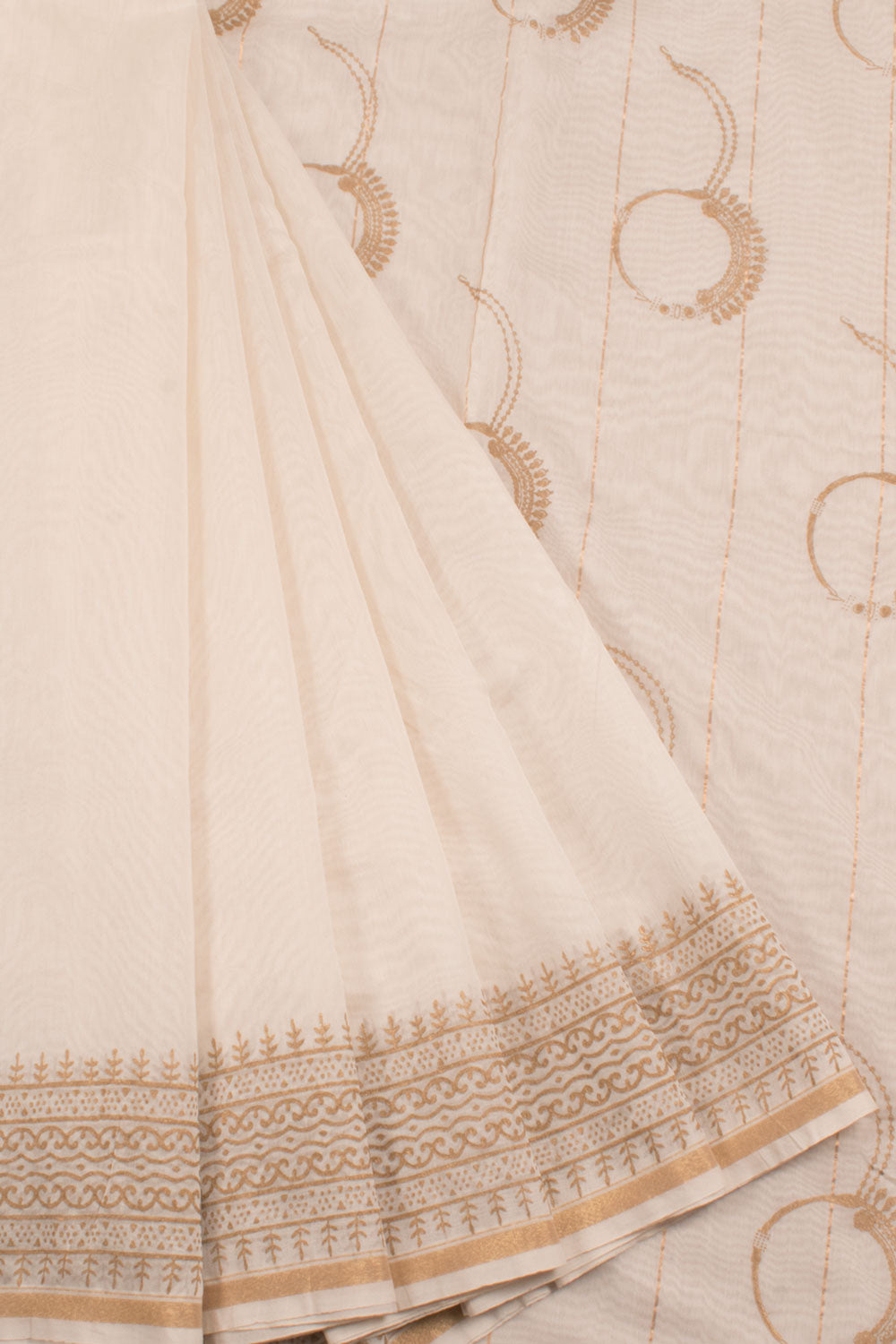 Hand Block Printed Chanderi Silk Cotton Saree with Nose Ring Motifs Pallu and Fancy Tassels