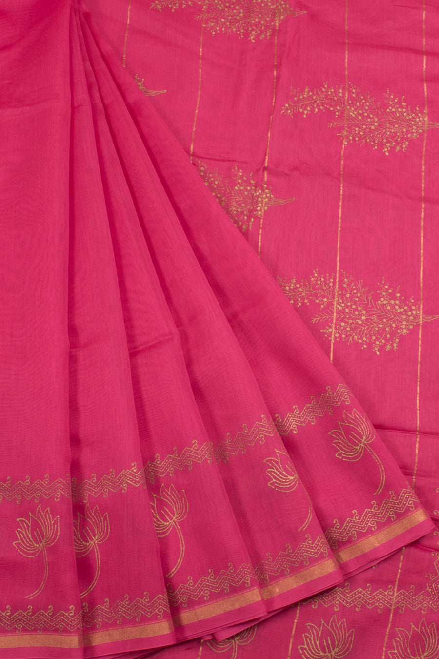 Hand Block Printed Chanderi Silk Cotton Saree with Floral Motifs and Fancy Tassels
