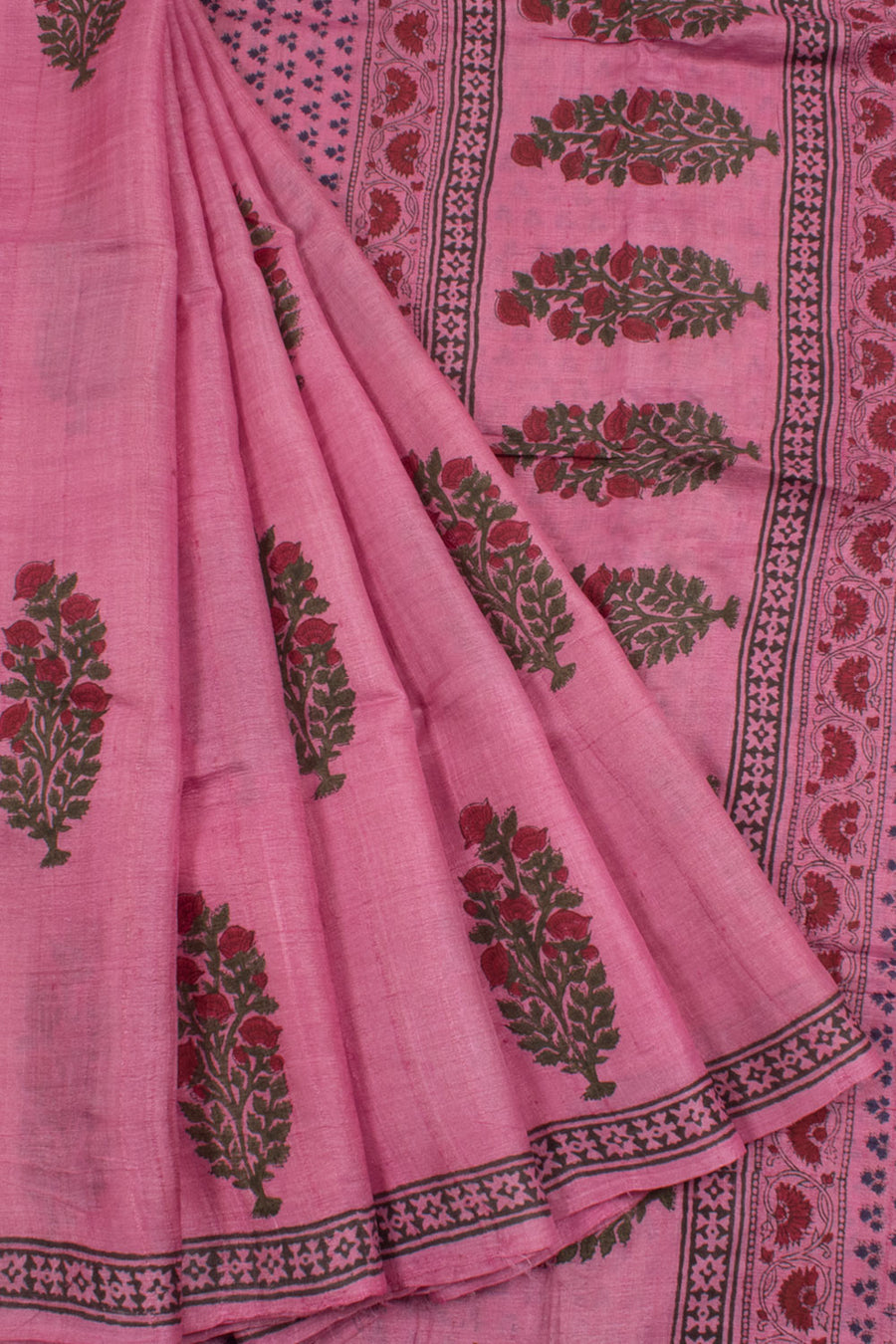 Hand Block Printed Tussar Silk Saree with Floral Motifs and Fancy Tassels 