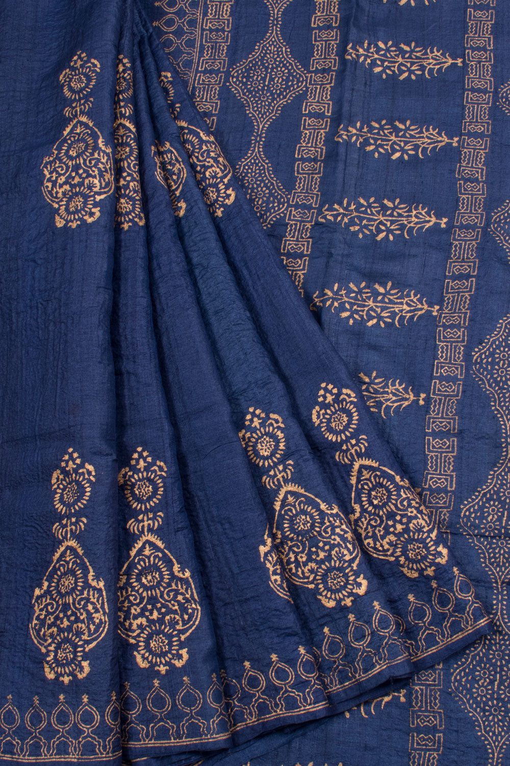 Hand Block Printed Tussar Silk Saree with Mughal Design and Fancy Tassels