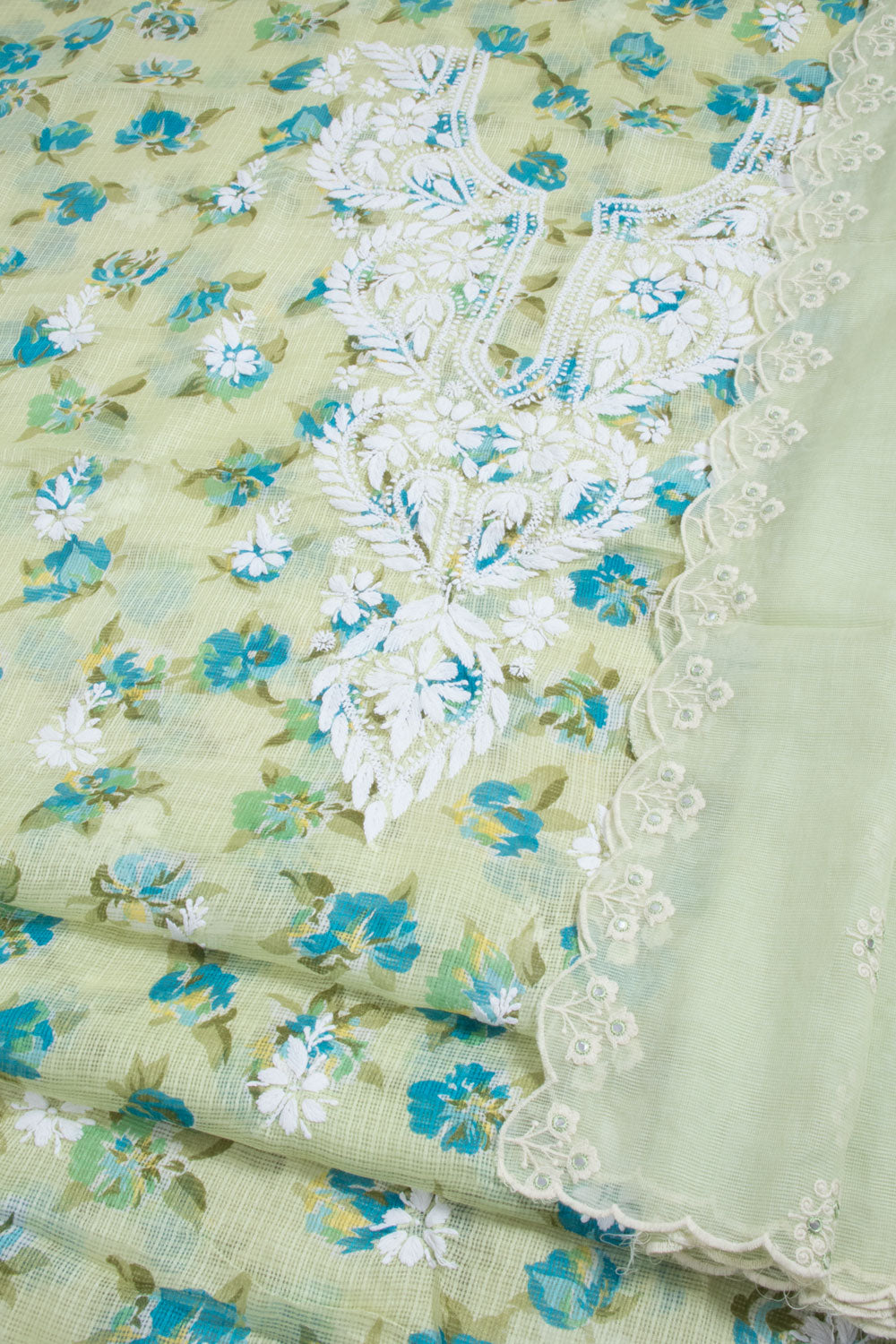 Hand Embroidered Chikankari Kota Cotton 2-Piece Salwar Suit Material with Kota Cotton Dupatta