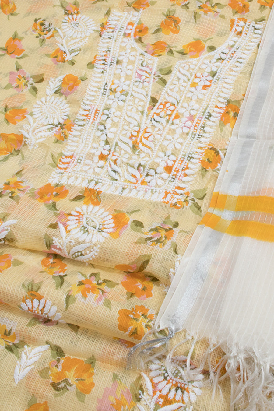 Hand Embroidered Chikankari Kota Cotton 2-Piece Salwar Suit Material with Organza Dupatta