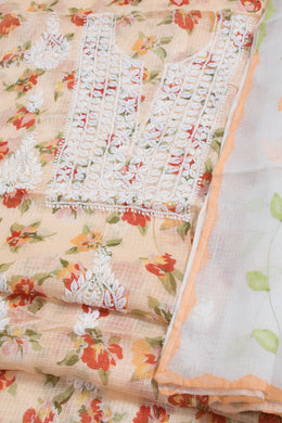 Hand Embroidered Chikankari Kota Cotton 2-Piece Salwar Suit Material with Organza Dupatta