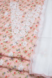 Hand Embroidered Chikankari Kota Cotton 2-Piece Salwar Suit Material with Organza Dupatta