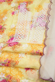 Hand Embroidered Chikankari Kota Cotton 2-Piece Salwar Suit Material with Organza Dupatta