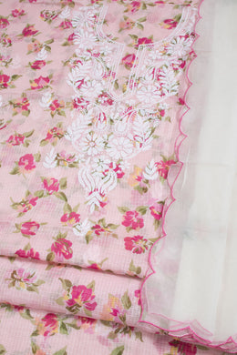 Hand Embroidered Chikankari Kota Cotton 2-Piece Salwar Suit Material with Kota Cotton Dupatta