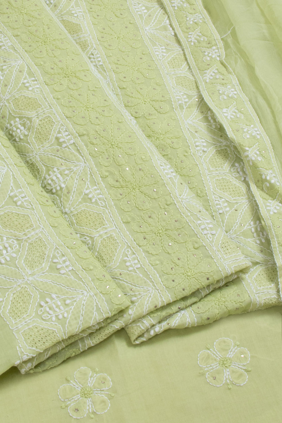 Hand Embroidered Chikankari Cotton 3-Piece Salwar Suit Material with Mukaish Work and Chiffon Crochet Border Dupatta