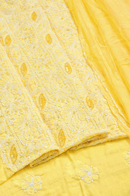 Hand Embroidered Chikankari Cotton 3-Piece Salwar Suit Material with Sequin Work, Bead Work and Chiffon Dupatta