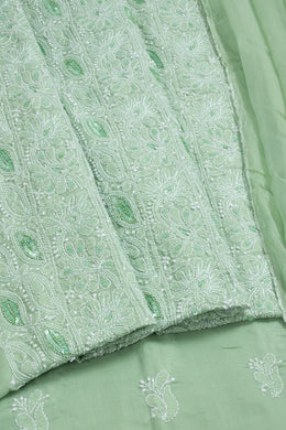 Hand Embroidered Chikankari Cotton 3-Piece Salwar Suit Material with Sequin Work, Bead Work and Chiffon Dupatta