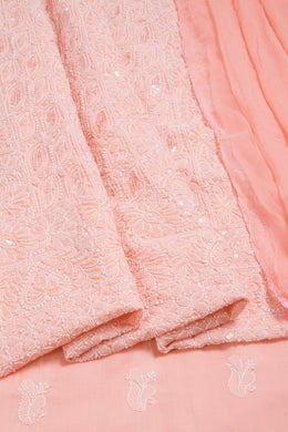 Hand Embroidered Chikankari Cotton 3-Piece Salwar Suit Material with Sequin Work and Chiffon Crochet Border Dupatta