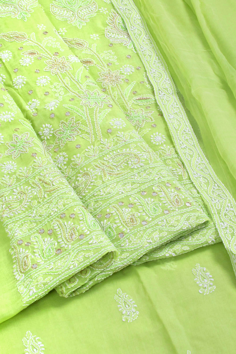 Hand Embroidered Chikankari Cotton 3-Piece Salwar Suit Material with Sequin Work, Mirror Work and Chiffon Crochet Border Dupatta