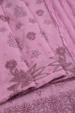 Hand Embroidered Chikankari Cotton 3-Piece Salwar Suit Material with Mukaish Work and Chiffon Dupatta