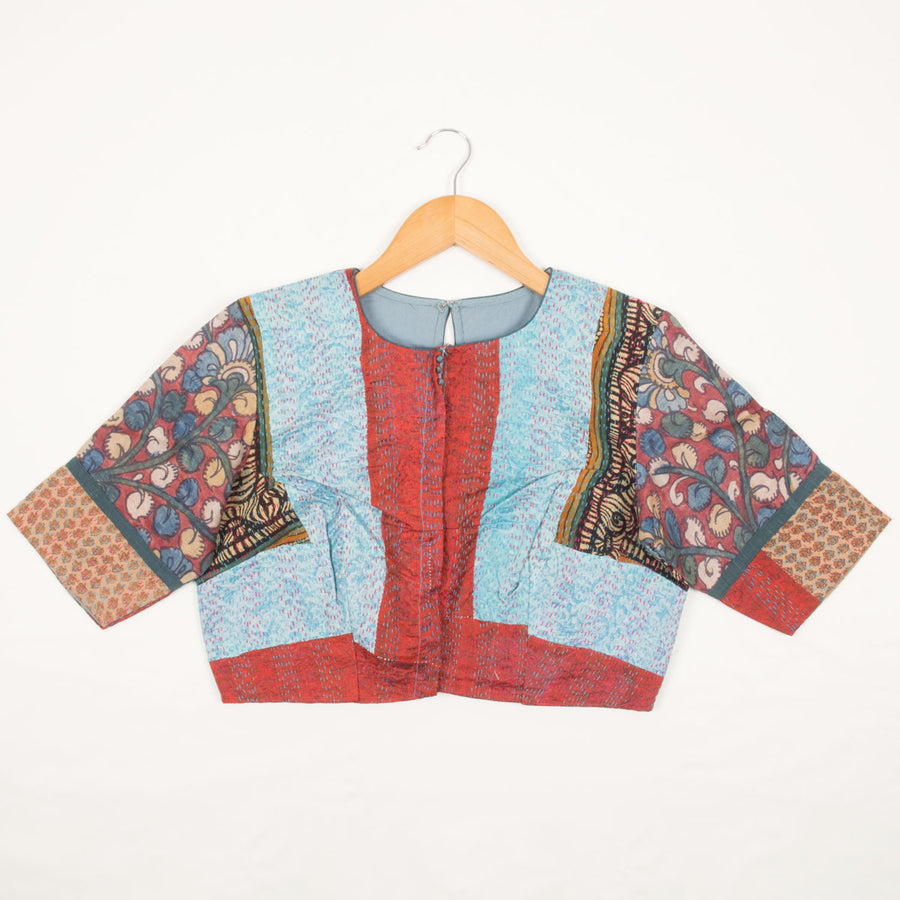 Handcrafted Multi colour Patchwork Silk blouse with Kantha Embroidery and Printed Kalamkari Sleeve