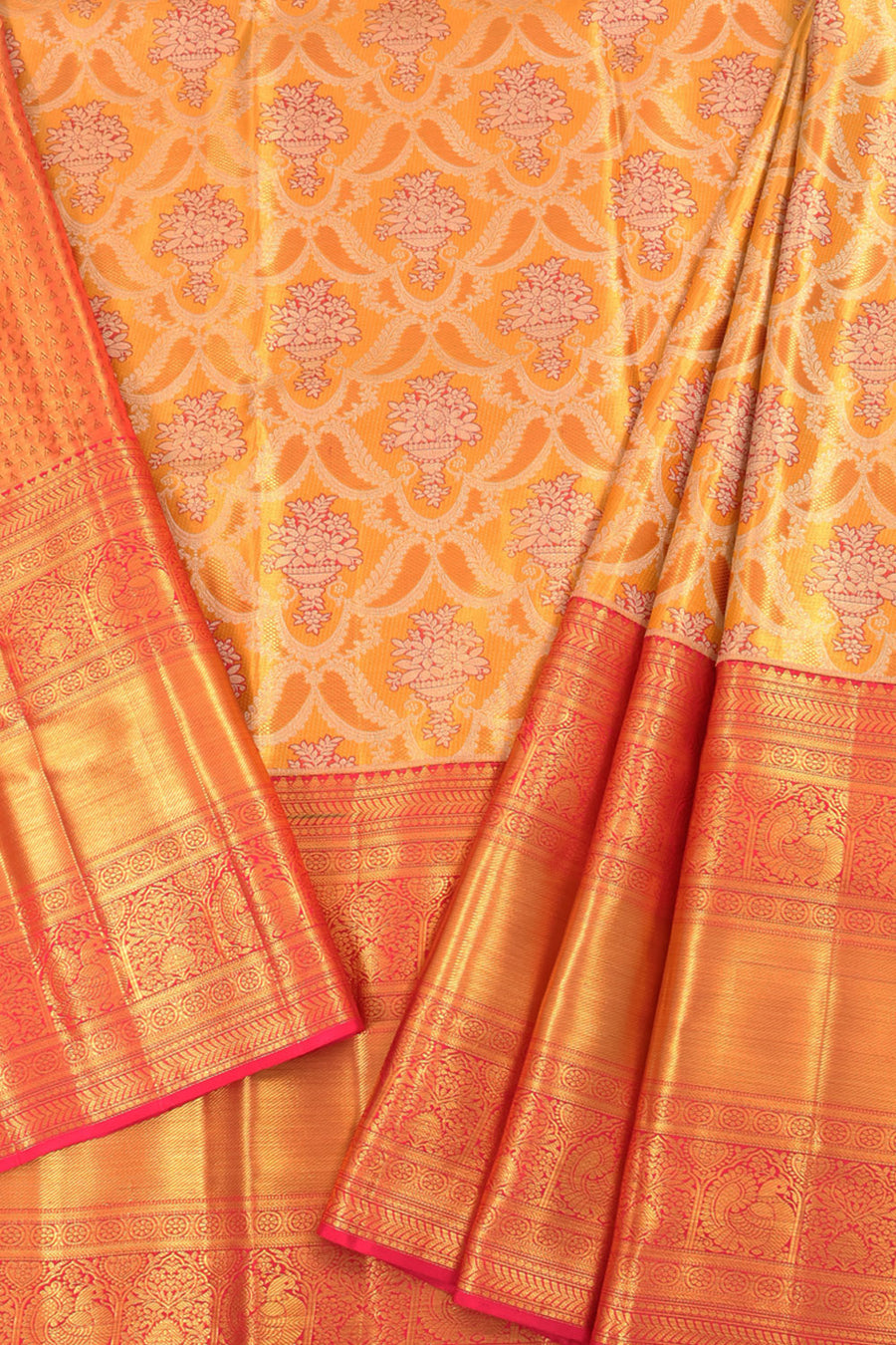 Universal Size Kanjivaram Tissue Pattu Pavadai Material with Floral Design and Gold Zari Floral Design Border