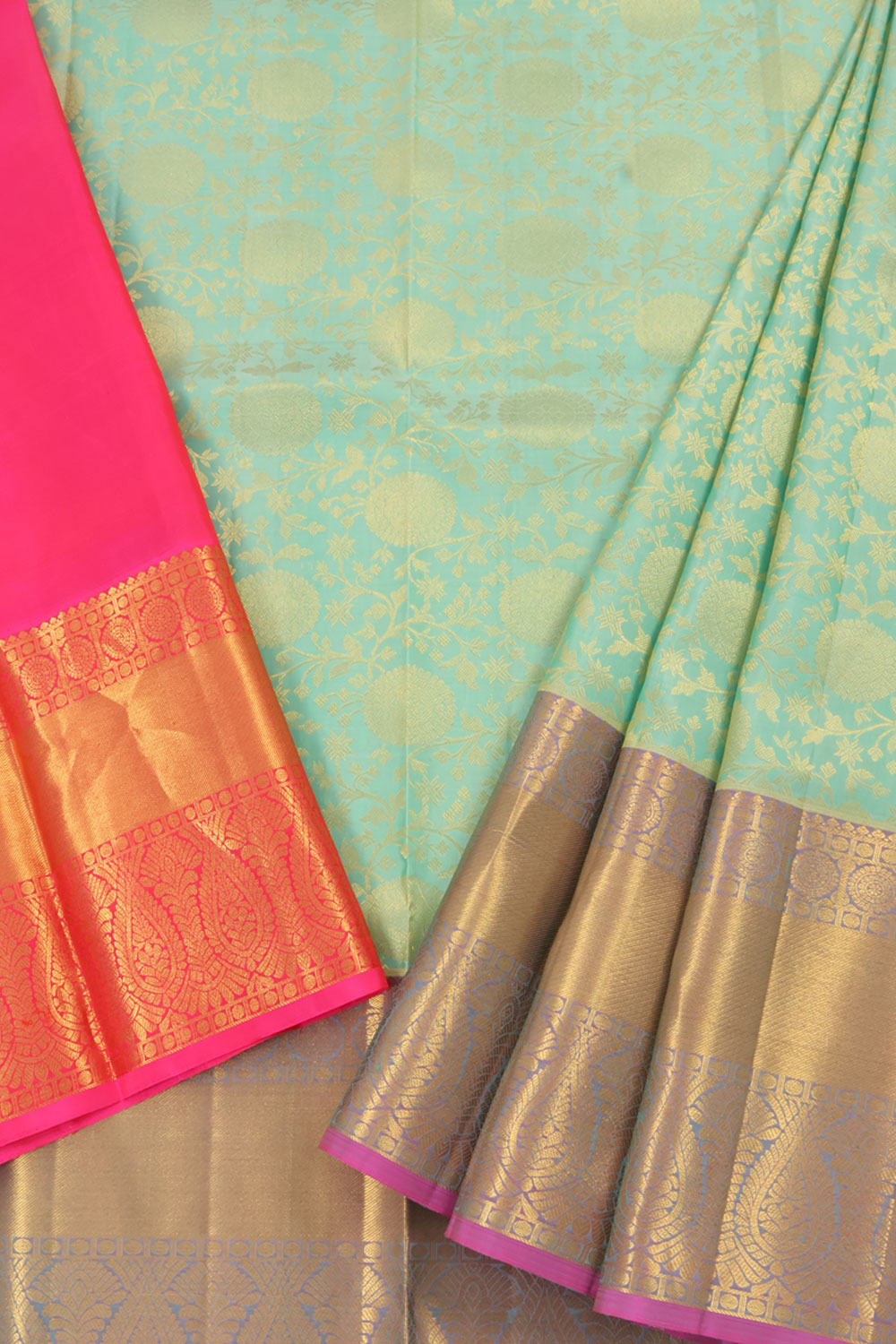 Universal Size Korvai Kanjivaram Pattu Pavadai Material with Floral Design and Gold Zari Floral Motifs Border
