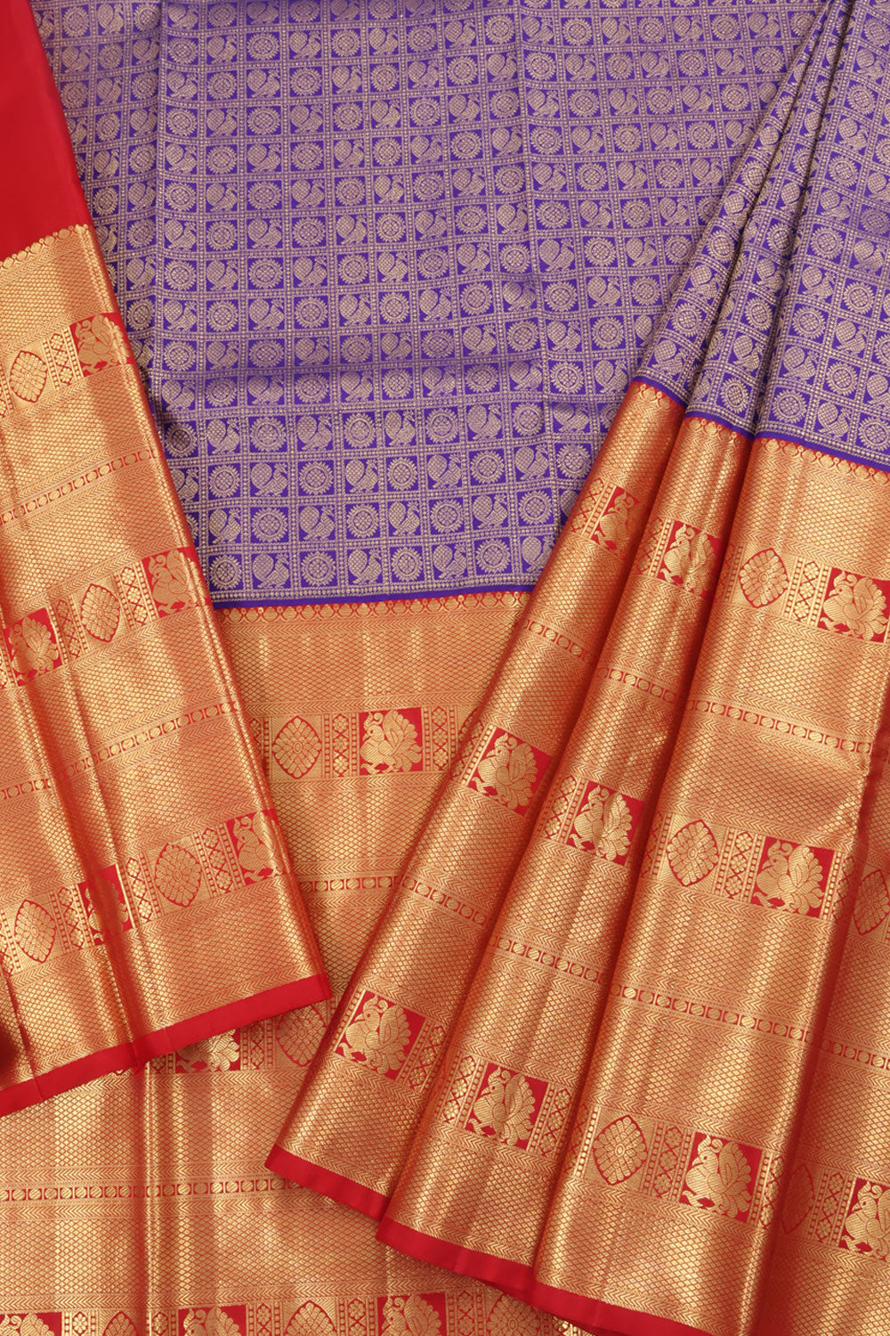 Universal Size Kanjivaram Pattu Pavadai Material with Silver Zari Mayil Chakaram Motifs Design and Gold Zari Peacock Border