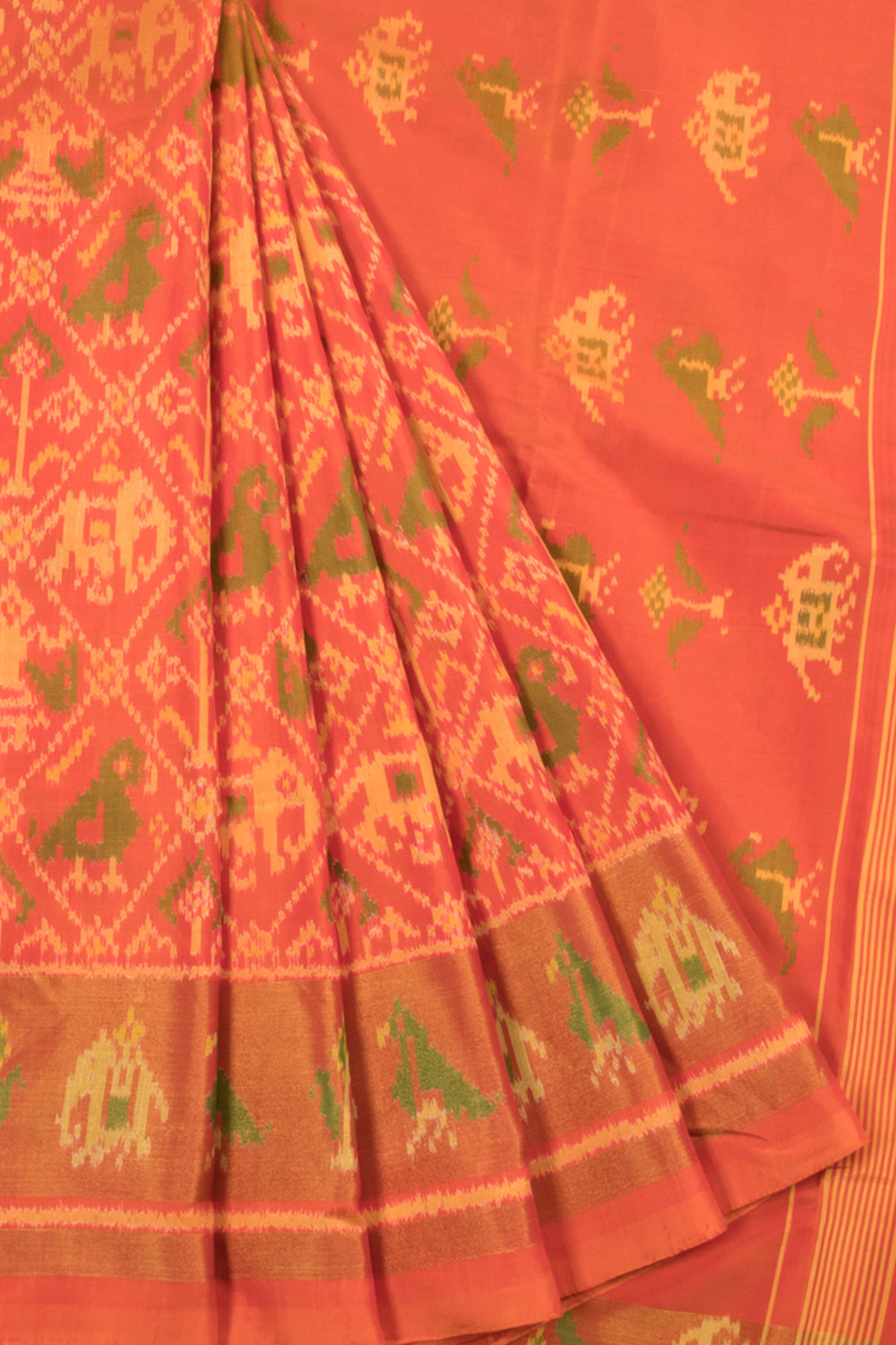 Orange Handwoven Patola Ikat Silk Saree with Bird, Elephant Design, Bird and Elephant Design Border