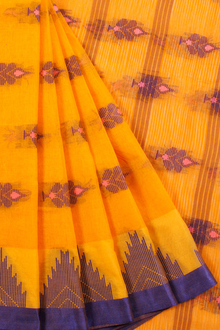 Orange Handwoven Bengal Tant Cotton Saree with Floral Motifs, Temple Border, Floral stripes Design Pallu and without Blouse