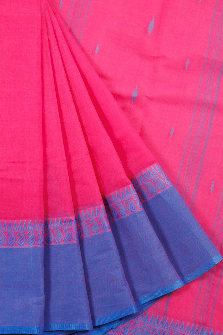 Pink Handwoven Bengal Tant Cotton Saree with Geometric Motifs, Paisley Temple Border, Stripes Design Pallu and without Blouse