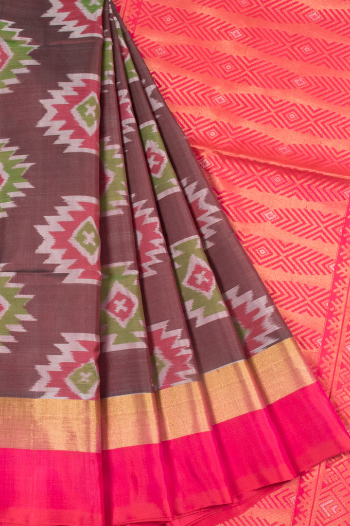 Coffee Brown Handloom Kanjivaram Soft Silk Saree with Geometric Motifs and Zigzag Design Pallu