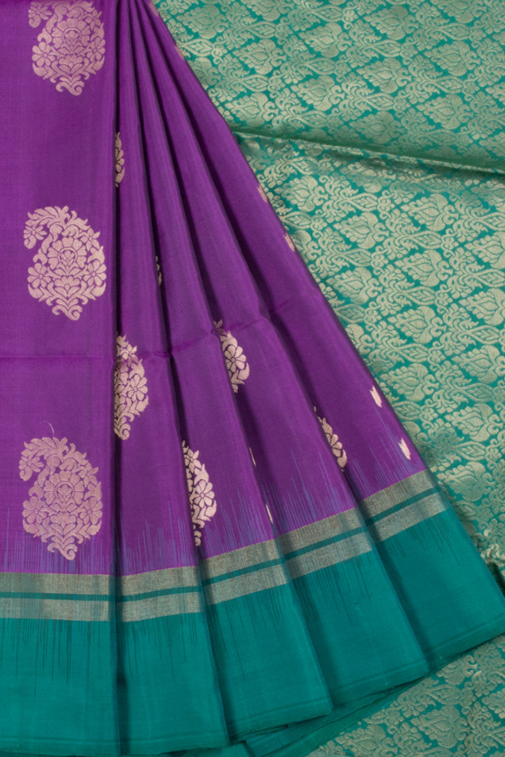 Purple Handloom Kanjivaram Soft Silk Saree with Paisley Motifs and Floral Pallu