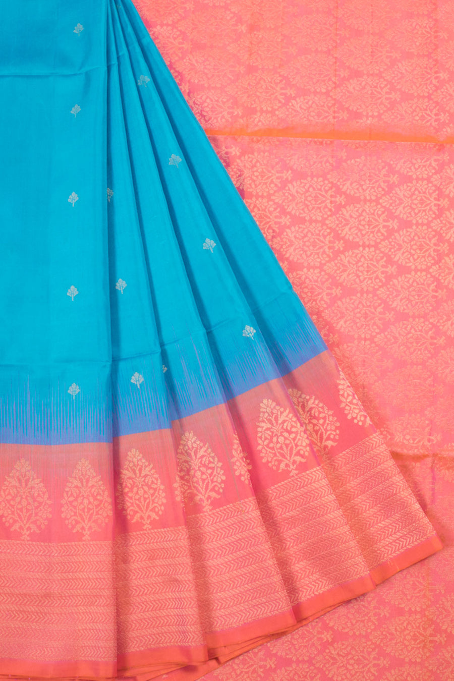 Blue Handloom Kanjivaram Soft Silk Saree with Floral Motifs, Floral Zigzag Border and Floral Pallu