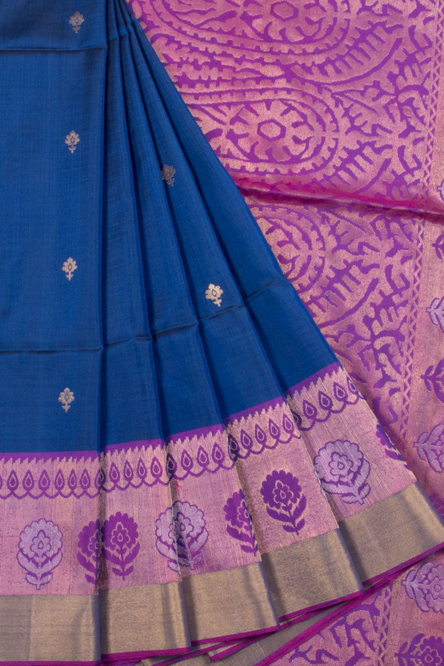 Handloom Kanjivaram Soft Silk Saree with Floral Motifs, Floral Butta Border and Floral Geometric Pallu