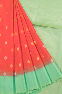 Coral Pink Handloom Kanjivaram Soft Silk Saree with Floral Motifs and Trellis Pallu