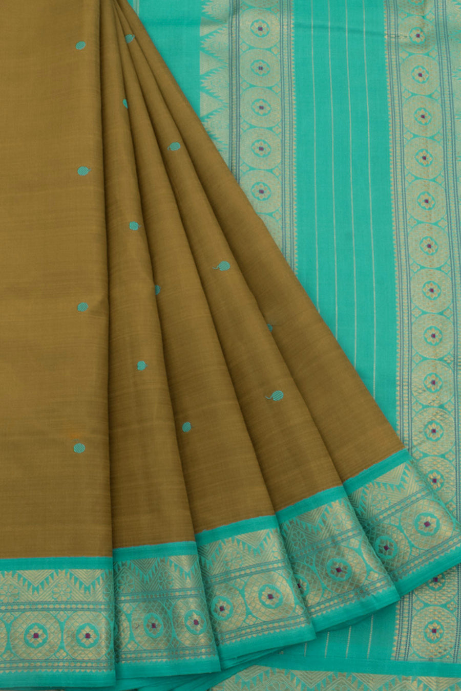 Handloom Golden Brown Pure Zari Korvai Kanjivaram Silk Saree with Dot Motifs and Meenakari Floral Border and Pallu