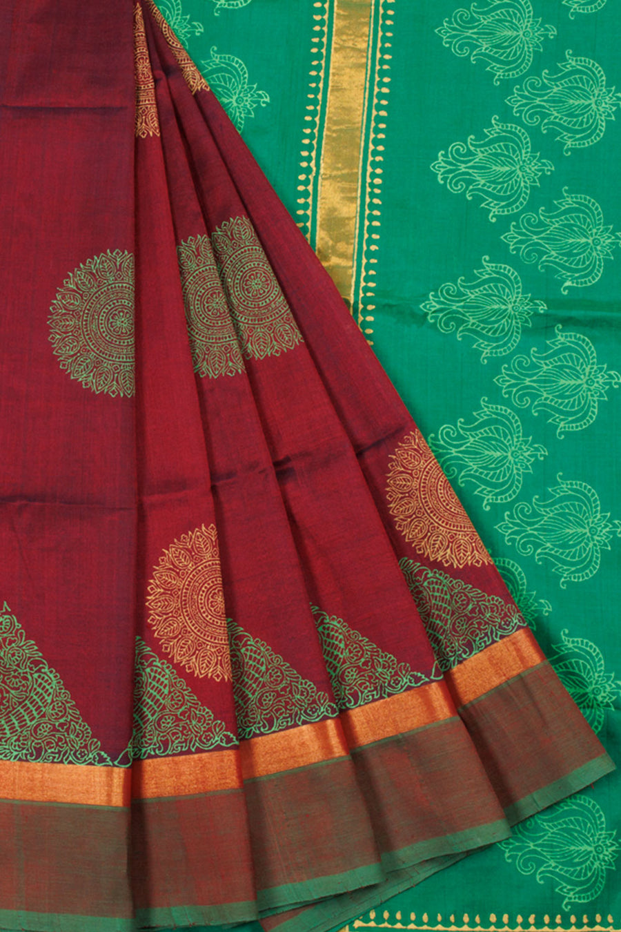 Maroon Hand Block Printed Silk Cotton Saree with Floral Motifs and Floral Design Pallu