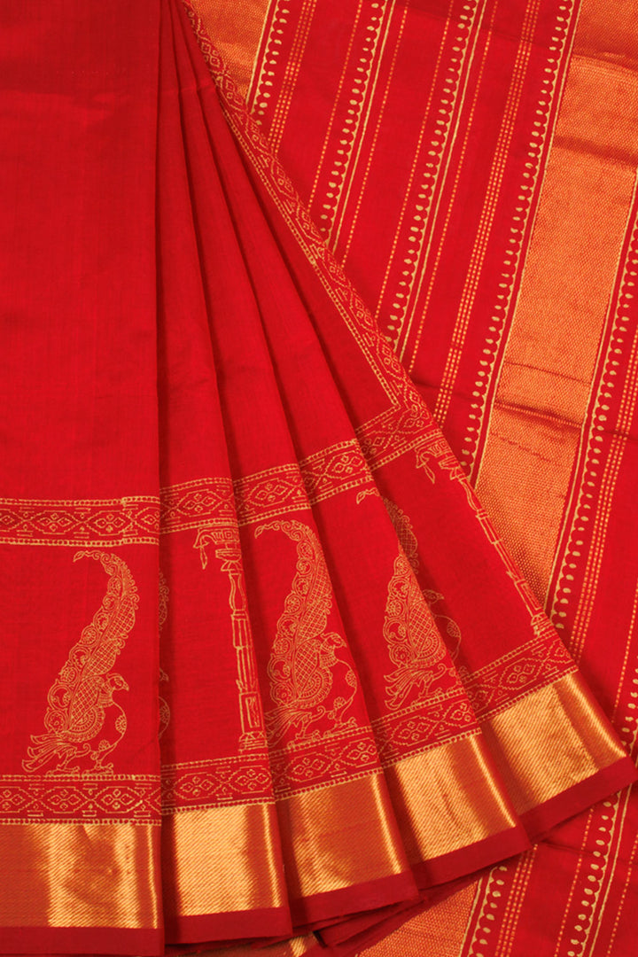 Red Hand Block Printed Silk Cotton Saree with Peacock Paisley Zari Border and Zari Band Pallu 