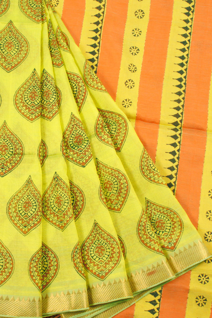 Lime Green Hand Block Printed Mangalgiri Silk Saree with Floral Motifs, Temple Zari Border and Floral Design Pallu 