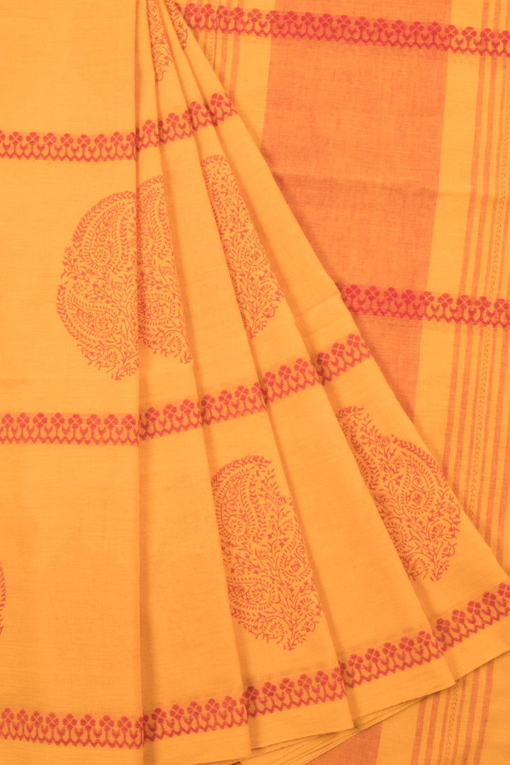 Amber Orange Hand Block Printed Cotton Saree with Paisley Motifs, Stripes Pallu