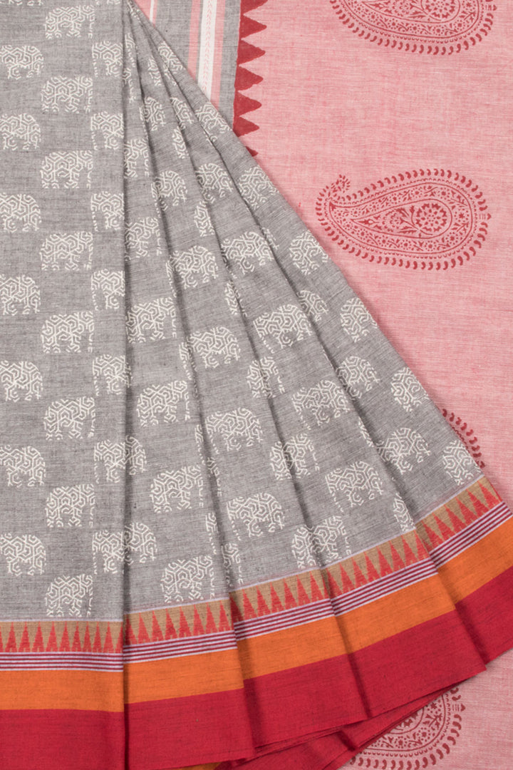 Ash Grey Hand Block Printed Cotton Saree with Elephant Motifs, Temple Border, Paisley Pallu and Contrast Blouse