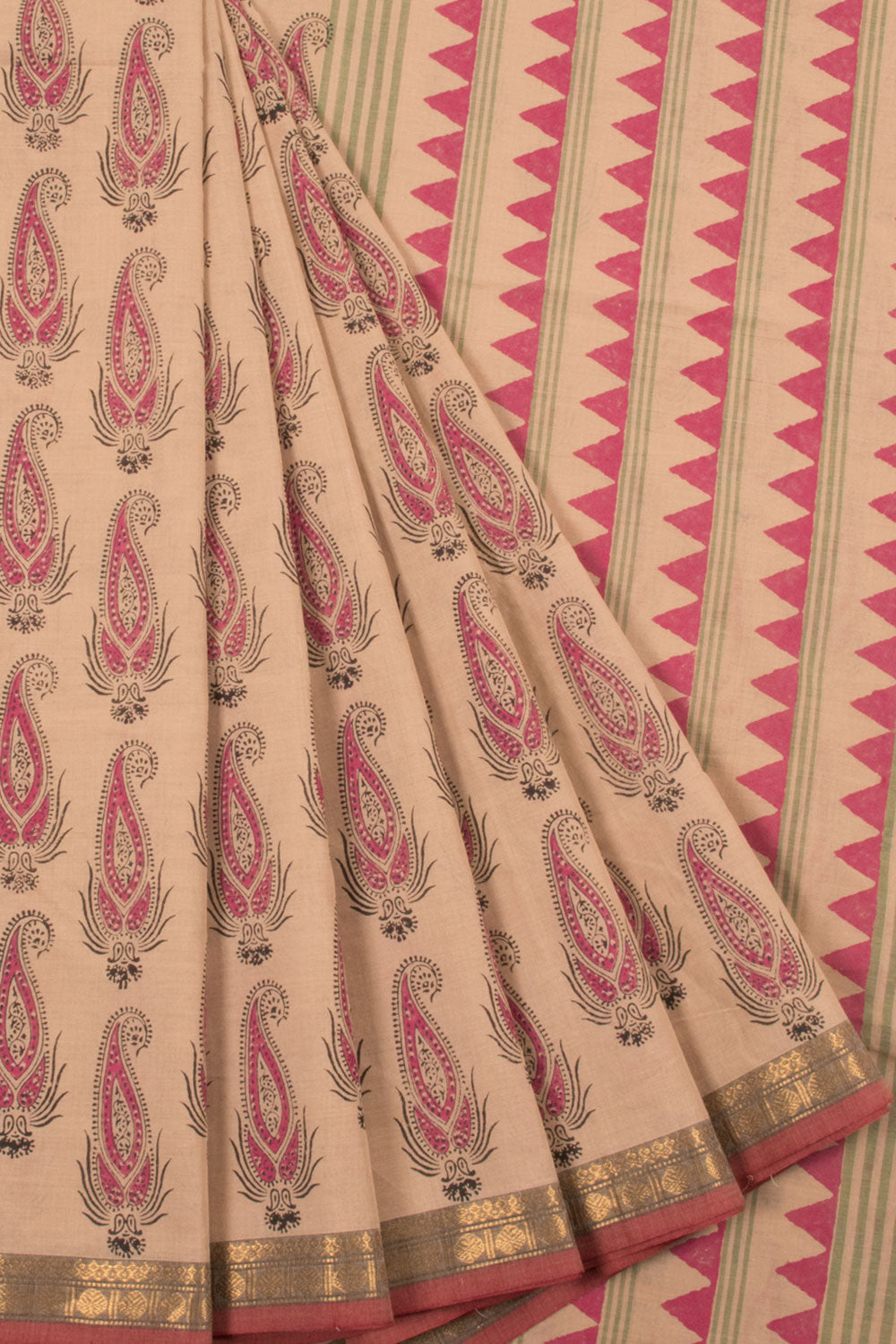 Brown Hand Block Printed Cotton Saree with Paisley Motifs and Geometric Design Pallu and Contrast Kalamkari Blouse