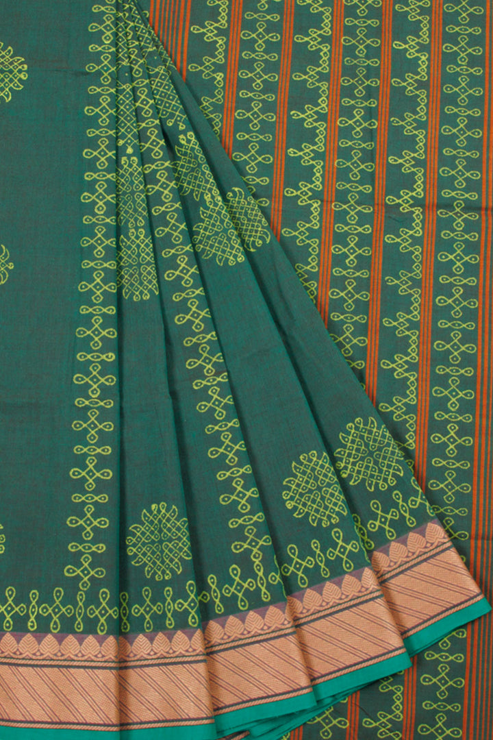 Green Hand Block Printed Cotton Saree with Kolam Motifs, Kolam Design Pallu and Contrast Blouse