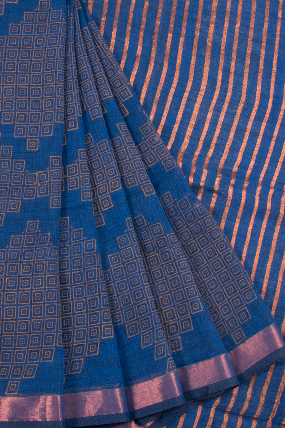 Cobalt Blue Hand Block Printed Linen Saree with Geometric Design and Zari Stripes Pallu with Fancy Tassels