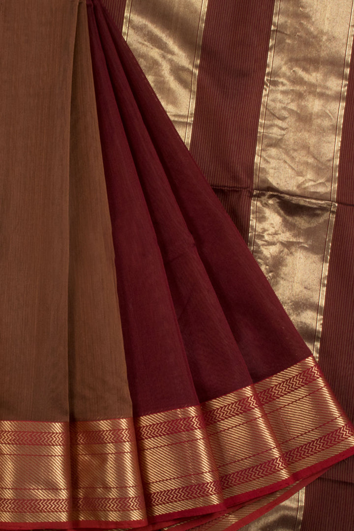 Maroon Handloom Maheshwari Silk Cotton Saree with Diagonal Border and Zari Stripes Pallu