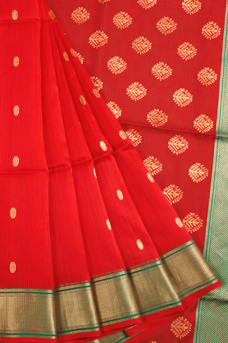 Red Handloom Maheshwari Silk Cotton Saree with Floral Motifs, Diagonal Border and Zari Stripes Pallu